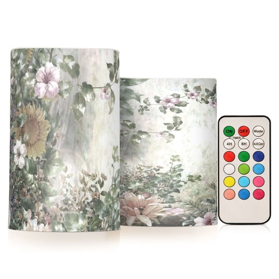 Abstract Spring Flowers Flickering Flameless Candles Battery Operated with Remote Timer LED Pillar Candles Set of 2