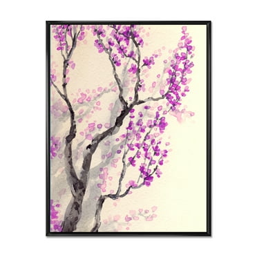 Abstract Spring Purple Flowers On Tree Branches 12 in x 20 in Framed Painting Canvas Art Print, by Designart