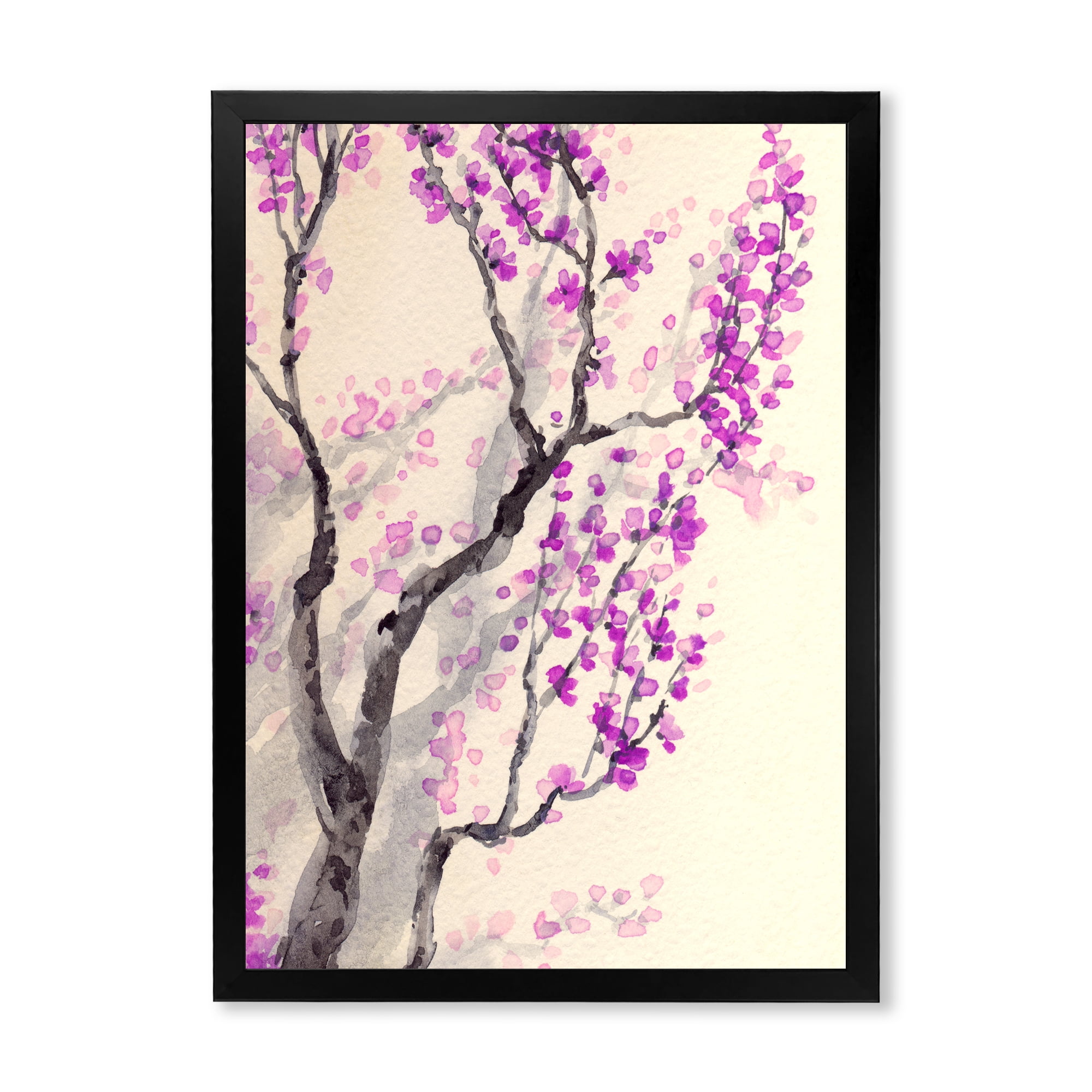 Abstract Spring Purple Flowers On Tree Branches 16 in x 32 in Framed Painting Canvas Art Print, by Designart