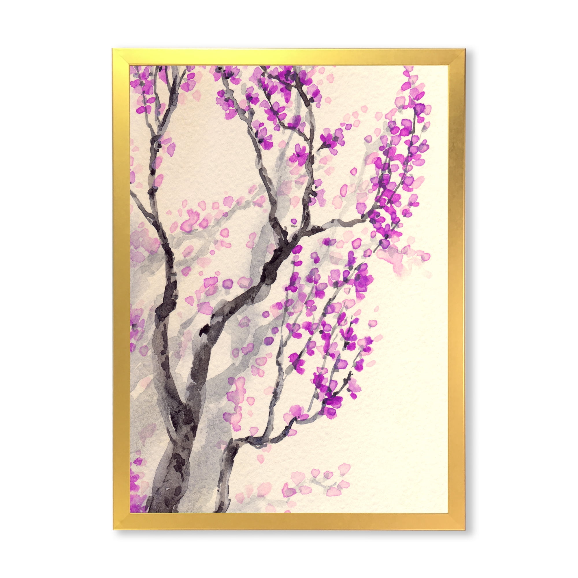 Abstract Spring Purple Flowers On Tree Branches 16 in x 32 in Framed Painting Canvas Art Print, by Designart