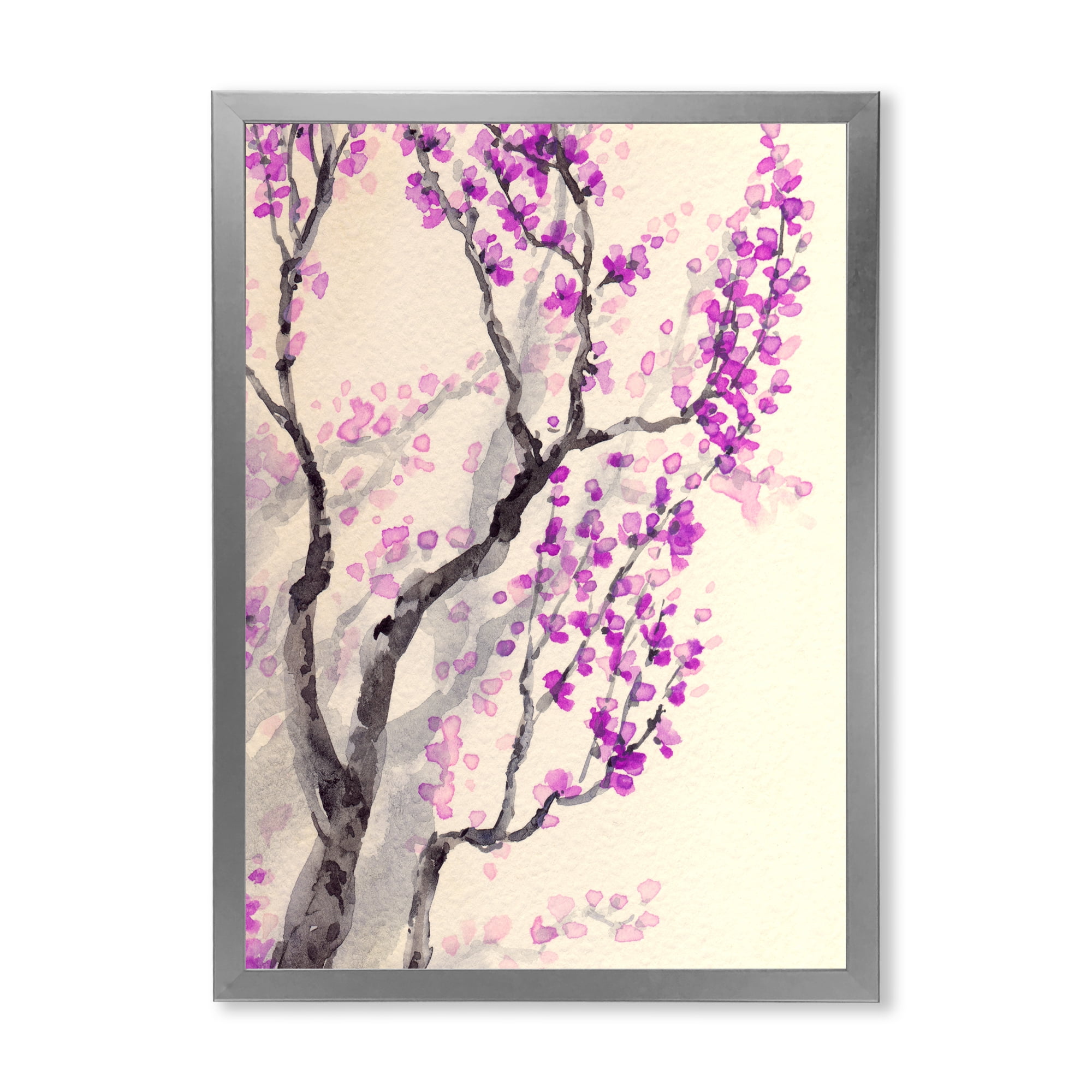 Abstract Spring Purple Flowers On Tree Branches 24 in x 32 in Framed Painting Canvas Art Print, by Designart