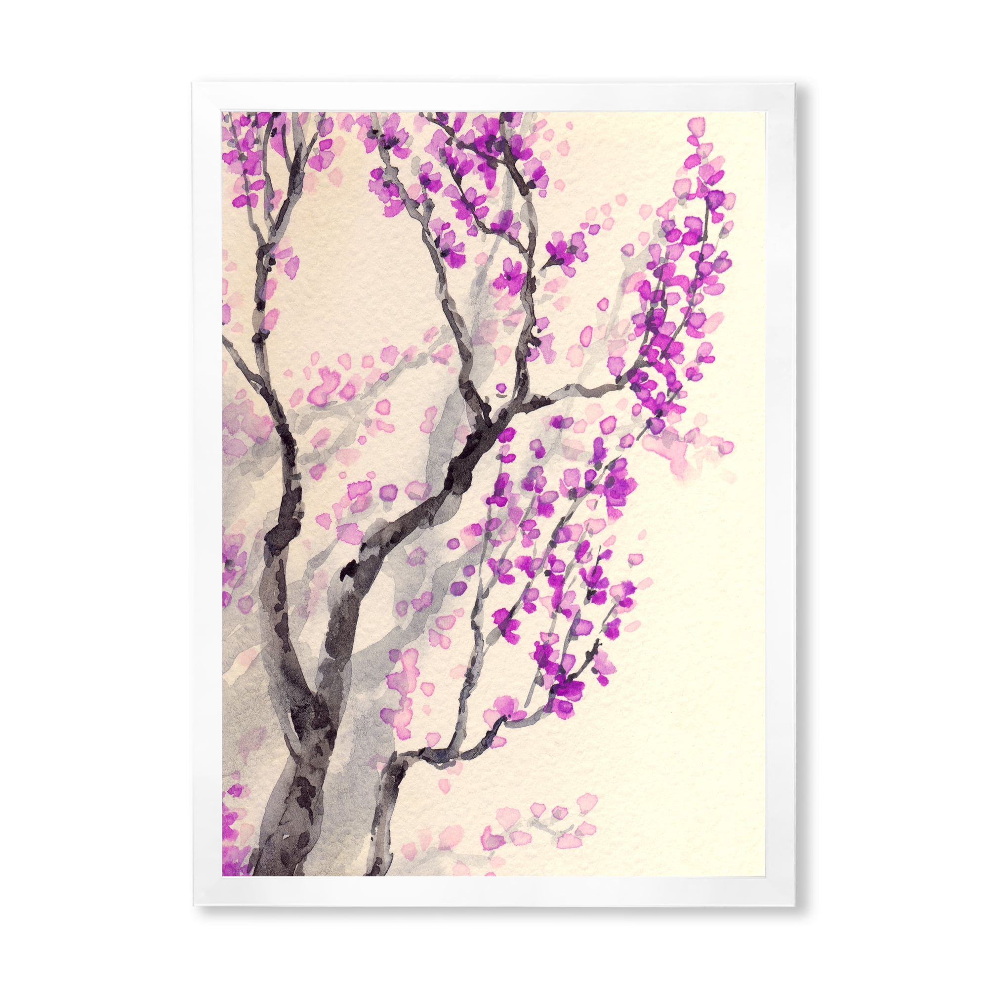 Abstract Spring Purple Flowers On Tree Branches 24 in x 32 in Framed Painting Canvas Art Print, by Designart