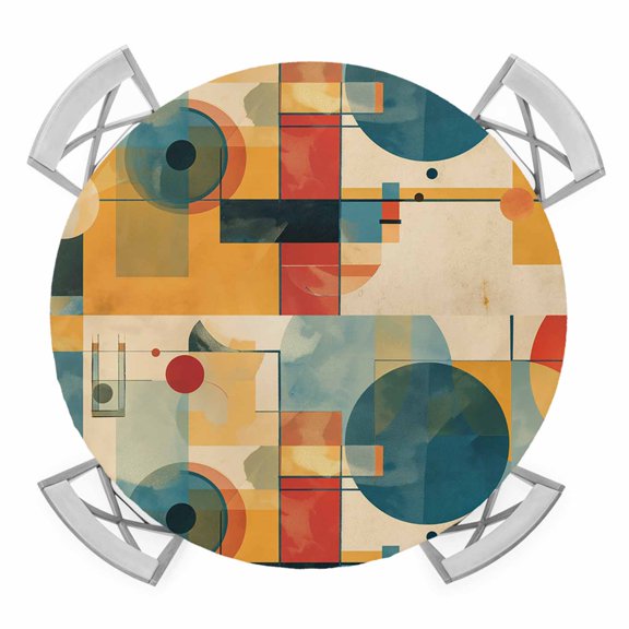 Abstract Square Geometric Elastic Fitted Round Table Cover Sun Vintage Line Circle Texture Waterproof Outdoor Tablecloth for Holiday Party, Picnic, Patio & Dining Fits Tables Up to 45"-54"