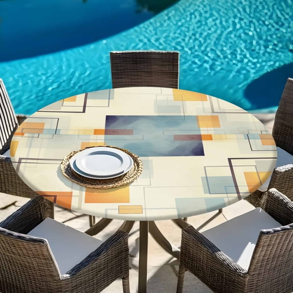 Abstract Square Rectangle Art Round Fitted Tablecloth with Elastic Edge ...