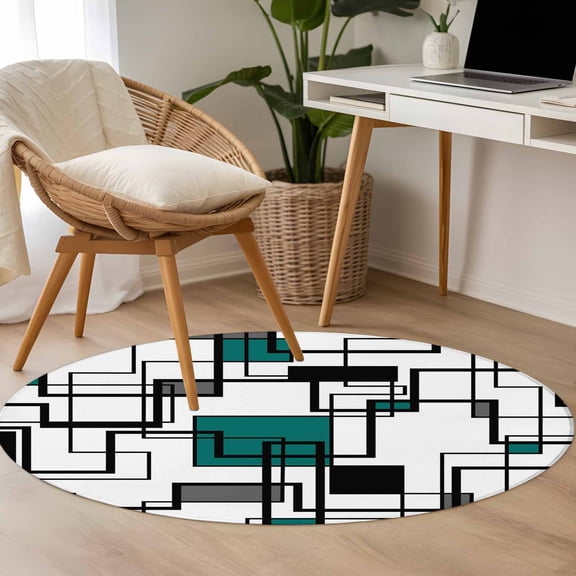 Abstract Squares 3.3ft Round Rug for Bedroom Reading Corner, Green Gray Geometric Line Modern Washable Non Slip Circle Area Rug