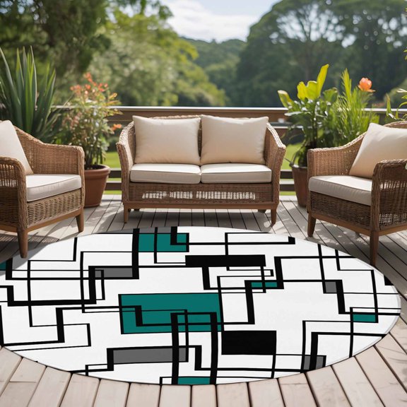 Abstract Squares 8ft Round Rug for Open Concept Living Room Seating Zone, Green Gray Geometric Line Modern Washable Non Slip Large Circle Area Rug