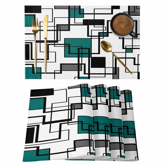 Abstract Squares Placemats Set of 4 Green Gray Geometric Line Modern Heat Insulation Washable Place Mats, Rustic Non-Slip Table Mats for Dining Table Party Kitchen Decor,13x19 Inch