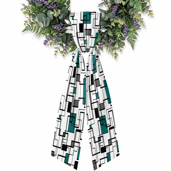Abstract Squares Wreath Sash for Front Door, Green Gray Geometric Line Modern Satin Wreath Ribbon Bow Accessory Garland Home Decor for Doorway Porch Yard 4.5x56