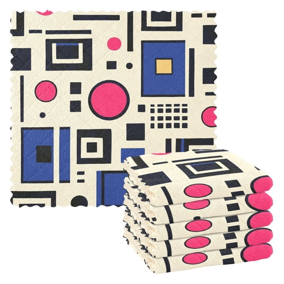 Abstract Squares and Circles Kitchen Cloth Dish Towels for Drying Washing Absorbent Dish Rags 6 Pack