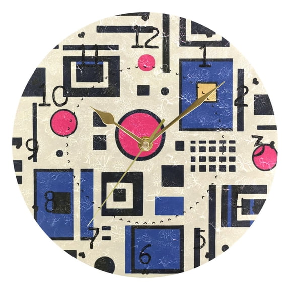 Abstract Squares and Circles Round Wall Clock Silent Battery Operated Home Decor for Living Room Bedroom