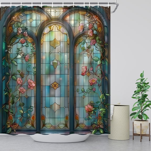Abstract Stained Glass Shower Curtain Teal Arched Window Fantasy Castle Luxury Elegant Antique Ombre Art Bathroom Decor Fabric Curtains with Hooks 72"W x 72"L