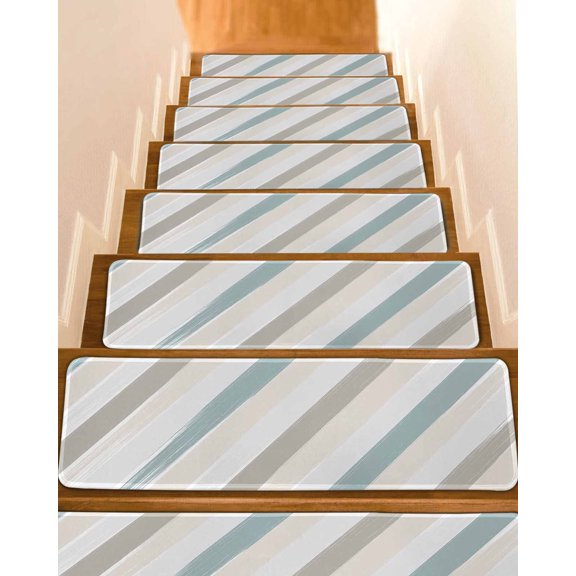 Abstract, Stair Treads for Wooden Steps Indoor Runner Rug Carpet, Beige Teal Geometric Minimalistic Brush Stripes 10 Pieces Peel and Stick Staircase Step Treads Covers Washable Door Mats 30"x8"