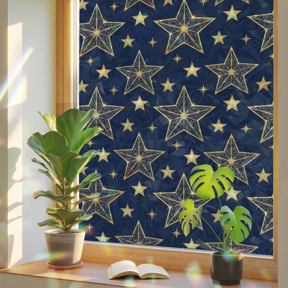 Abstract Star on Navy Blue Window Privacy Film, Rainbow Film Decorative ...