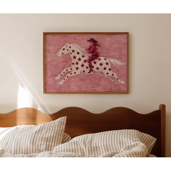 Abstract Star Patterned Horse Pink Oil Painting Print, Horizontal Contemporary Wall Art, Handdrawn MidCentury Modern Western Folk Art Unframed Poster