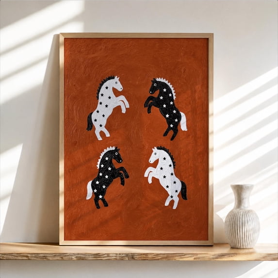 Rustic Ranch Home Ideas Abstract Starry Horses Rearing Poster, Bold Western Folk Art, Rustic ...