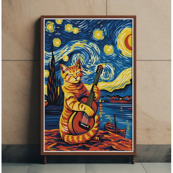 Abstract Starry Night Cat Playing Guitar Van Gogh Style Whimsical Blue Pet Coastal Nursery Decor, Unframed Poster
