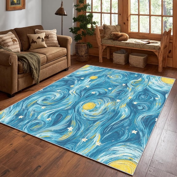 Abstract Starry Night Swirl Area Rug, Celestial Galaxy Pattern Carpet, Washable Non Slip Low Pile Soft Thin, Living Room Bedroom Study Office Entrance Home Decor Mat 5x8ft