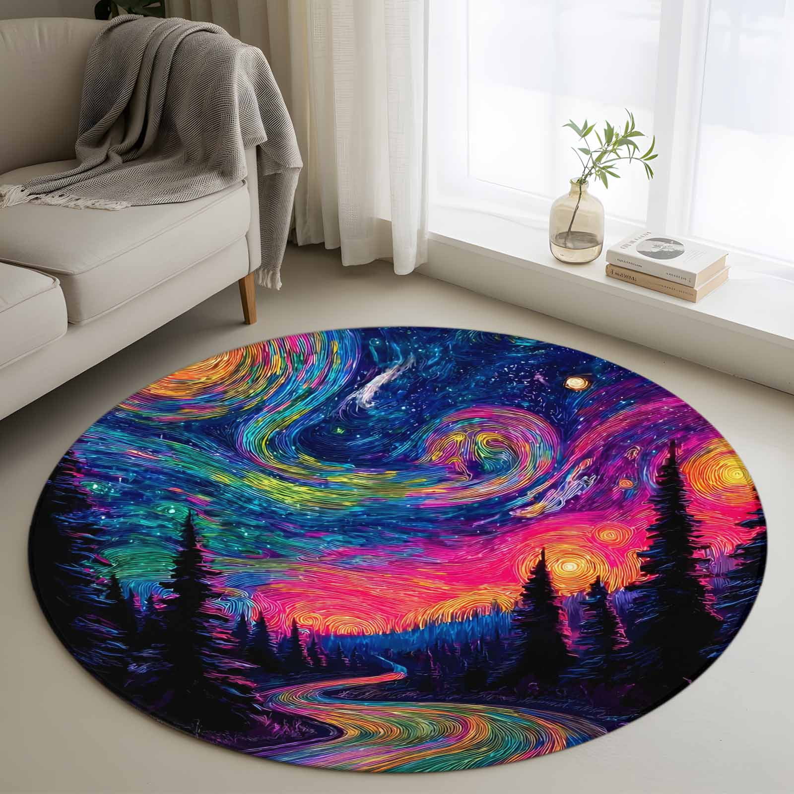 Book Corner Rug Abstract Starry Sky 3.3' Round Rug for Bedroom Reading Corner, Path ...
