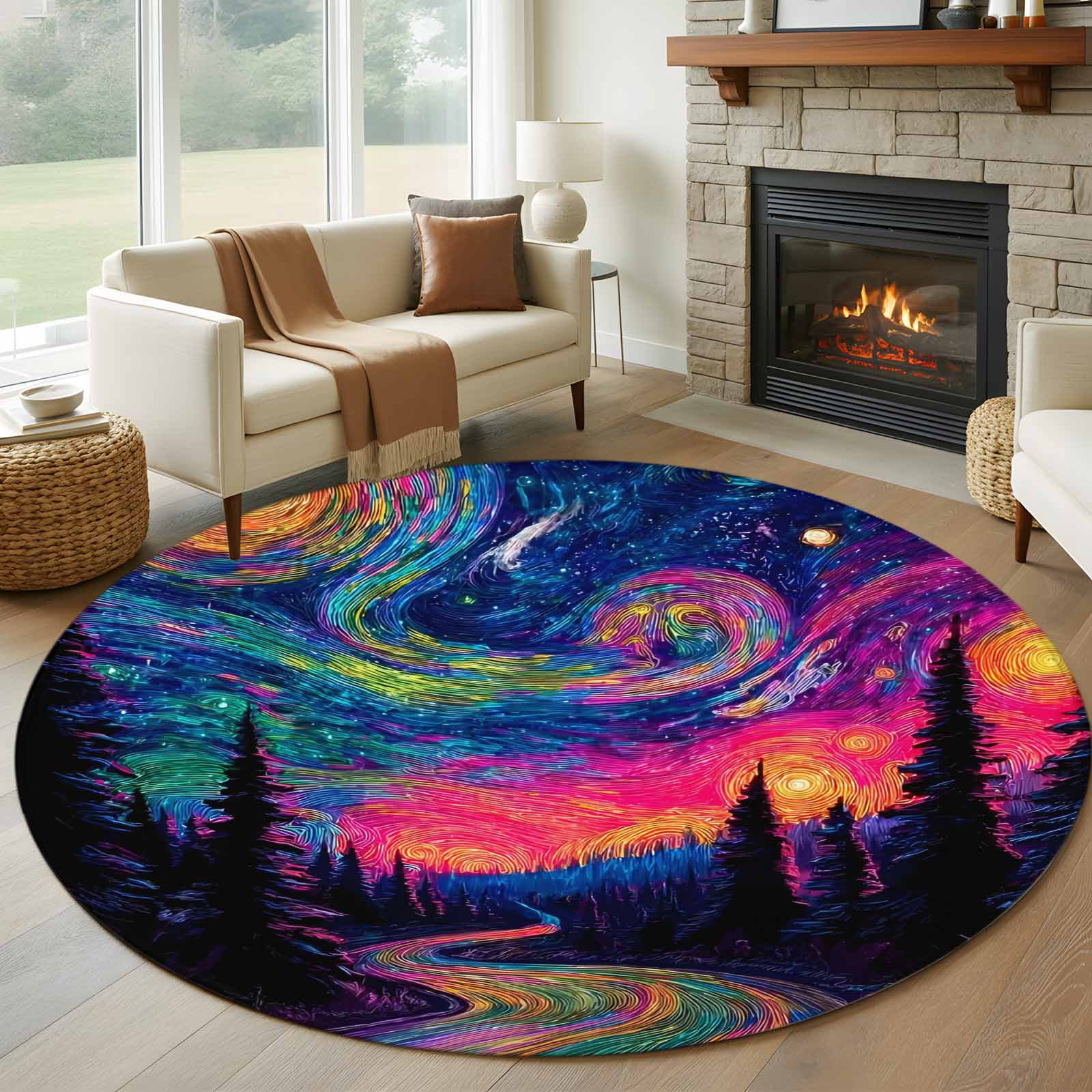 Dreamy Area Rug Abstract Starry Sky 8' Round Rug for Open Concept Living Room Seating ...