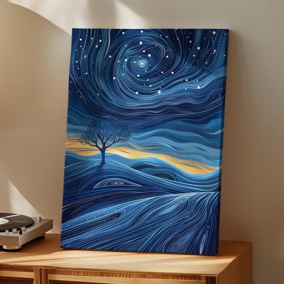 Abstract Starry Sky Galaxy Blue Night Nature Vector Line Landscape Wall Art, Unframed Poster