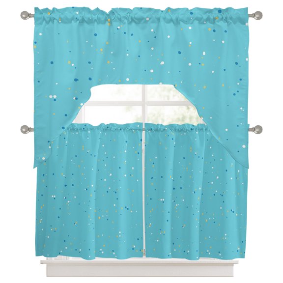 Abstract Starry Sky Kitchen Curtains Swag Valance and Tier Curtains Set 36 Inch Length, Boho Cyan Modern Minimalist Art Rod Pocket Drape Panels Pair Swag Curtains for Bathroom/Cafe/Window