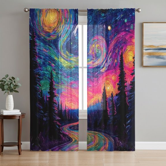 Abstract Starry Sky Sheer Curtains for Living Room Bedroom, Path Forest Dreamy Impressionist Light Filtering Sheer Curtain Rod Pocket Voile Window Treaments Drapes, 52 x 96 Inches