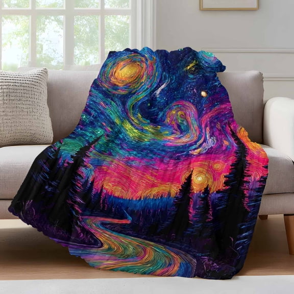 Abstract Starry Sky Throw Blanket for Couch Path Forest Dreamy Impressionist Soft and Warm Flannel 3D Striped Fluffy Fuzzy Fleece Blanket Lightweight Throw for Bed, Sofa 30 x 40 Inches