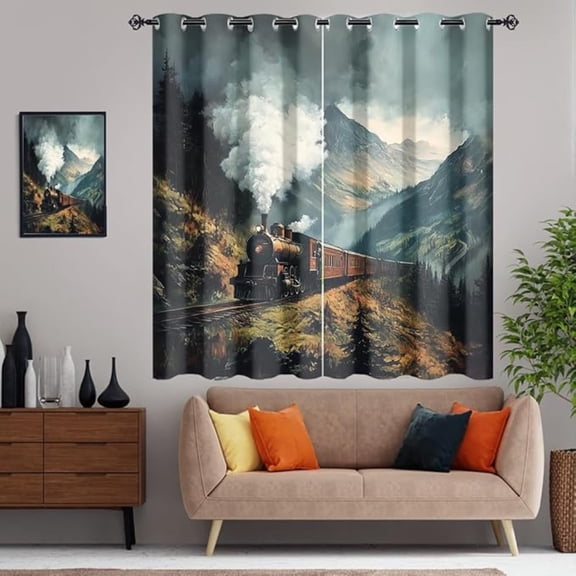 Abstract Steam Train Curtains For Living Room Watercolor Vintage Mid Century Old Train Mountains Landscape Thermal Insulation Curtains Window Grommet 38"W x 45"L (Pack of 2)