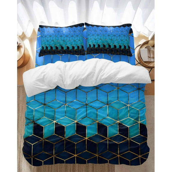 Abstract Stereo Art Bedding Duvet Cover Set Queen Size 4 Pieces Modern Blue Mottled Gradient Bedding Set with Zipper Closure, 1 Comforter Cover 90x92 Inches 1 Flat Sheet & 2 Pillow Cases