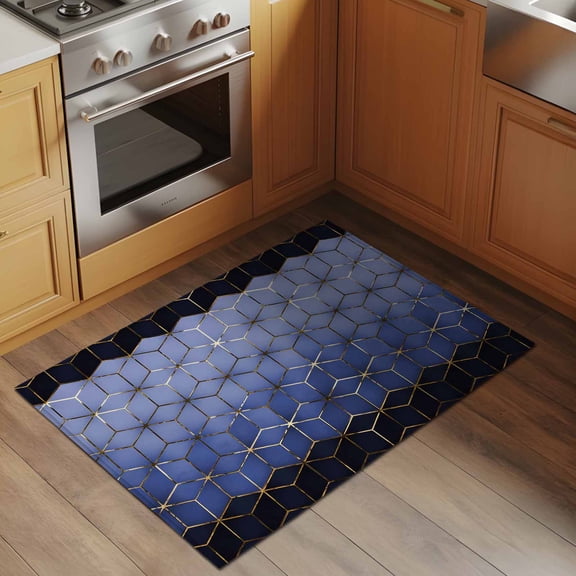 Abstract Stereo Cube 2x3 Rug for Entryway Front Door Kitchen Sink Area, Modern Gradient Black Blue Comb Grid Cubes Low Pile Washable Non Slip Rectangle Area Rug