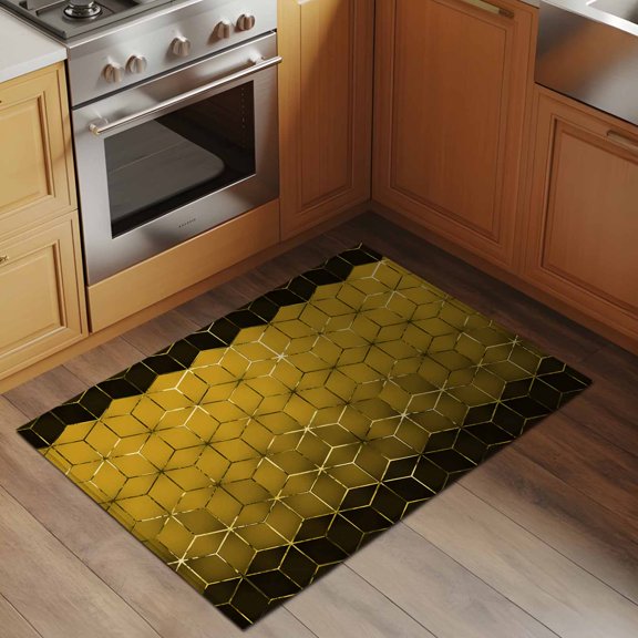 Abstract Stereo Cube 2x3 Rug for Entryway Front Door Kitchen Sink Area, Modern Gradient Black Gold Comb Grid Cubes Low Pile Washable Non Slip Rectangle Area Rug