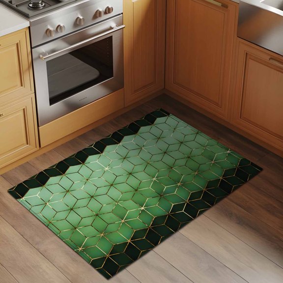 Abstract Stereo Cube 2x3 Rug for Entryway Front Door Kitchen Sink Area, Modern Gradient Black Green Comb Grid Cubes Low Pile Washable Non Slip Rectangle Area Rug