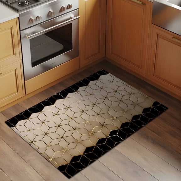 Abstract Stereo Cube 2x3 Rug for Entryway Front Door Kitchen Sink Area, Modern Gradient Black Khaki Comb Grid Cubes Low Pile Washable Non Slip Rectangle Area Rug
