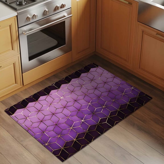 Abstract Stereo Cube 2x3 Rug for Entryway Front Door Kitchen Sink Area, Modern Gradient Black Purple Comb Grid Cubes Low Pile Washable Non Slip Rectangle Area Rug