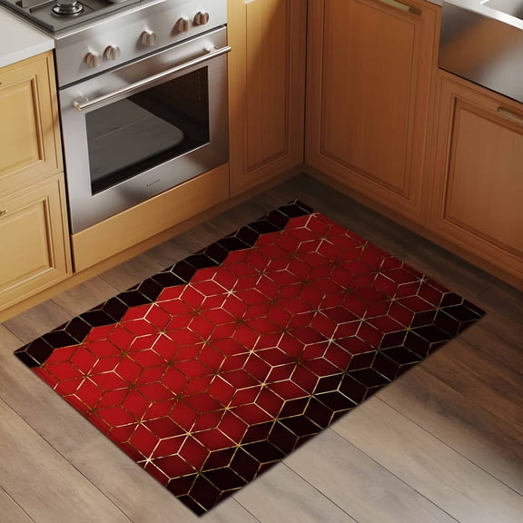 Abstract Stereo Cube 2x3 Rug for Entryway Front Door Kitchen Sink Area, Modern Gradient Black Red Comb Grid Cubes Low Pile Washable Non Slip Rectangle Area Rug