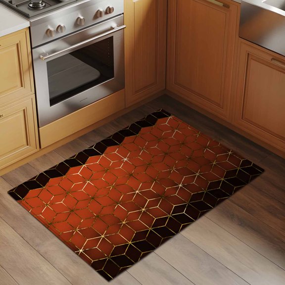 Abstract Stereo Cube 2x3 Rug for Entryway Front Door Kitchen Sink Area, Modern Gradient Orange Gold Comb Grid Cubes Low Pile Washable Non Slip Rectangle Area Rug