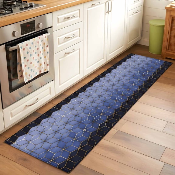 Abstract Stereo Cube 2x6 Runner Rug for Hallway Walkway Kitchen Galley, Modern Gradient Black Blue Comb Grid Cubes Low Pile Washable Non Slip Long Area Rug