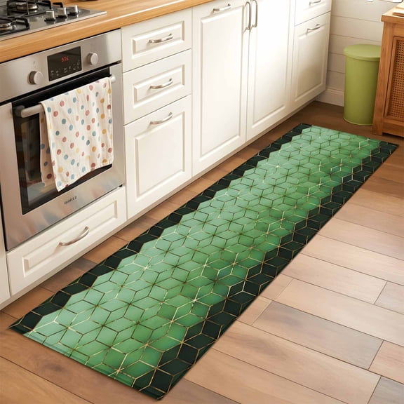 Abstract Stereo Cube 2x6 Runner Rug for Hallway Walkway Kitchen Galley, Modern Gradient Black Green Comb Grid Cubes Low Pile Washable Non Slip Long Area Rug