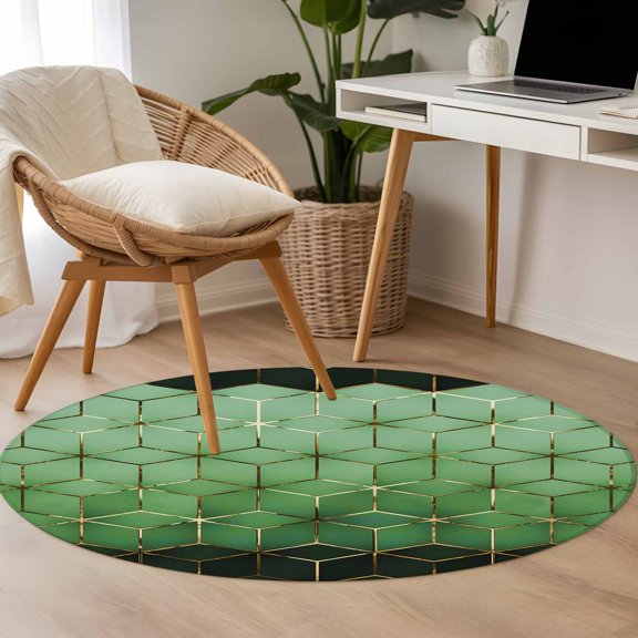 Abstract Stereo Cube 3.3ft Round Rug for Bedroom Reading Corner, Modern Gradient Black Green Comb Grid Cubes Washable Non Slip Circle Area Rug