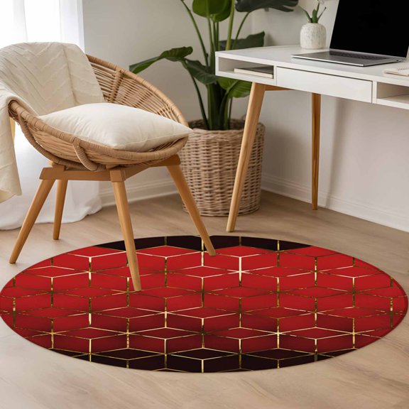 Abstract Stereo Cube 3.3ft Round Rug for Bedroom Reading Corner, Modern Gradient Black Red Comb Grid Cubes Washable Non Slip Circle Area Rug