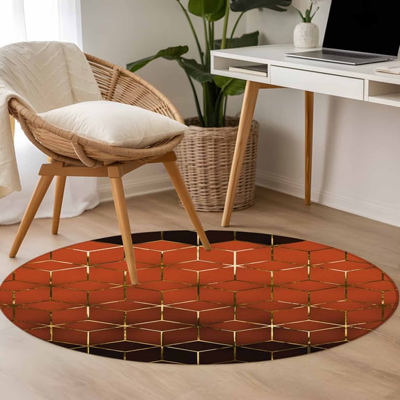 Abstract Stereo Cube 3.3ft Round Rug for Bedroom Reading Corner, Modern Gradient Orange Gold Comb Grid Cubes Washable Non Slip Circle Area Rug