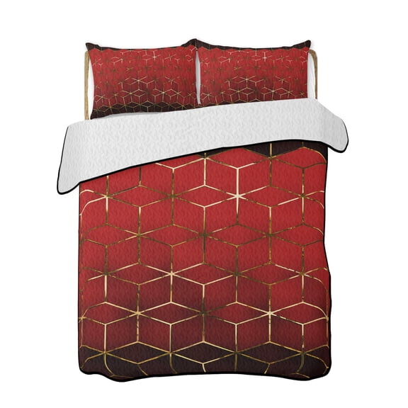 Abstract Stereo Cube 3 Pieces Quilt Set, 1 Quilt with 2 Shams, Modern Gradient Black Red Comb Grid Cubes Bedspread Soft Lightweight Bedding Coverlet Comforter Set for All Season 68"x86"
