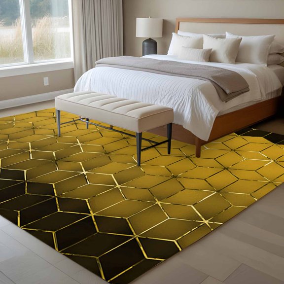 Abstract Stereo Cube 6x9 Rug for Dining Room Table and Chair Setup, Modern Gradient Black Gold Comb Grid Cubes Low Pile Washable Non Slip Rectangle Area Rug
