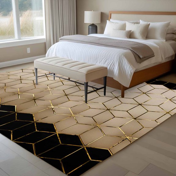 Abstract Stereo Cube 6x9 Rug for Dining Room Table and Chair Setup, Modern Gradient Black Khaki Comb Grid Cubes Low Pile Washable Non Slip Rectangle Area Rug