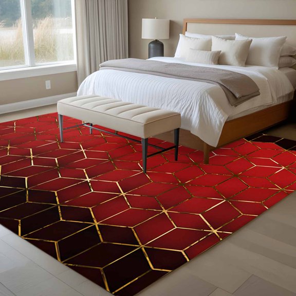 Abstract Stereo Cube 6x9 Rug for Dining Room Table and Chair Setup, Modern Gradient Black Red Comb Grid Cubes Low Pile Washable Non Slip Rectangle Area Rug