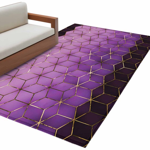 Abstract Stereo Cube Area Rug, Modern Gradient Black Purple Comb Grid Cubes Rectangular Non-Slip Absorbent Washable Area Rug Felt Rubber Backing Indoor Carpet for Bedroom Living Room 3x5ft