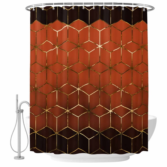 Abstract Stereo Cube Bathroom Shower Curtains with Hooks, Modern Gradient Orange Gold Comb Grid Cubes Waterproof Fabric Washable Shower Curtain for Home Hotel Bathtub Decor 60x72 Inch
