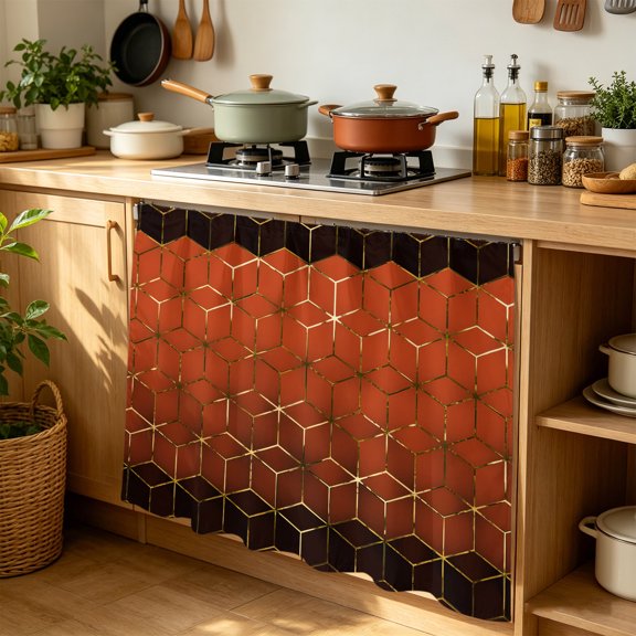 Abstract Stereo Cube Cabinet Curtains 35" W x 35" L Modern Gradient Orange Gold Comb Grid Cubes Waterproof Adhesive Kitchen Under Sink Curtain Dust-Proof Dishwasher Skirt for Closet