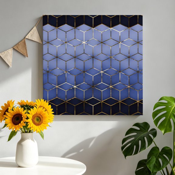 Abstract Stereo Cube Canvas Wall Art, Modern Gradient Black Blue Comb Grid Cubes Framed Canvas Wall Decor Picture Print Artwork Decorations for Living Room Office Ready to Hang 8" x 8"