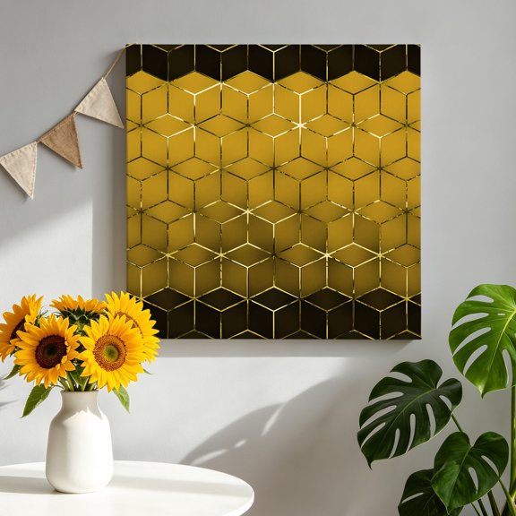 Abstract Stereo Cube Canvas Wall Art, Modern Gradient Black Gold Comb Grid Cubes Framed Canvas Wall Decor Picture Print Artwork Decorations for Living Room Office Ready to Hang 16" x 16"
